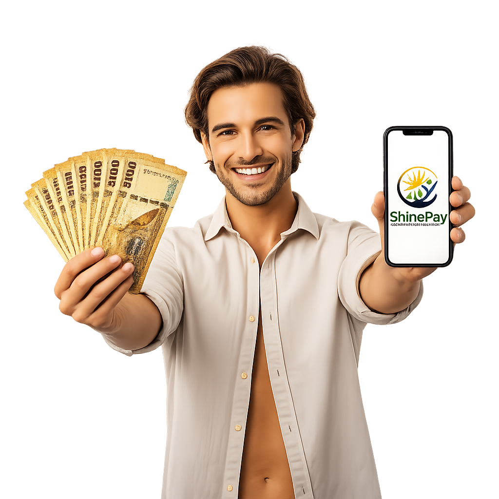 Happy ShinePay customer with cash and a new smartphone